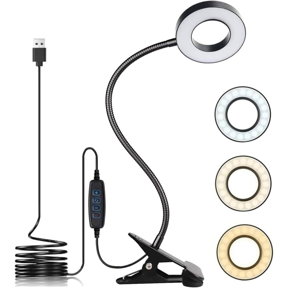 USB LED Desk Lamp Clip On Light, 3 Light Mode 10 Dimmable Brightness Eye Caring Book Light, Adjustable LED Clip Lamp for Reading Studying Workin