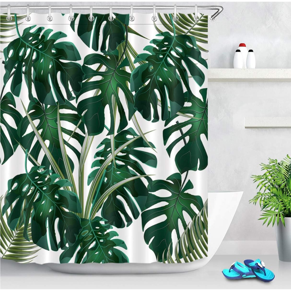 Jungle Tropical Palm Leaves Shower Curtain with 12 Hooks, 150*180CM Green Monstera White Background Bathroom Curtains Waterproof Mildew Proof Was