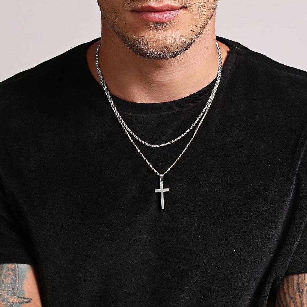Cross Necklace Men Stainless Steel Silver Black Gold Layered Rope Chain Cross Pendant