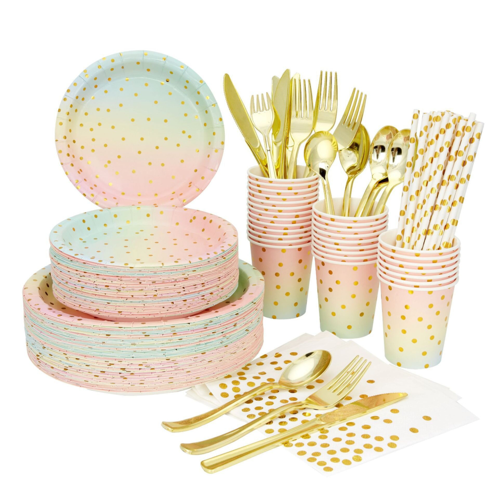 Disposable Gold Color Plastic Tableware Cutlery Spoon Fork Set 25pc Hot Party