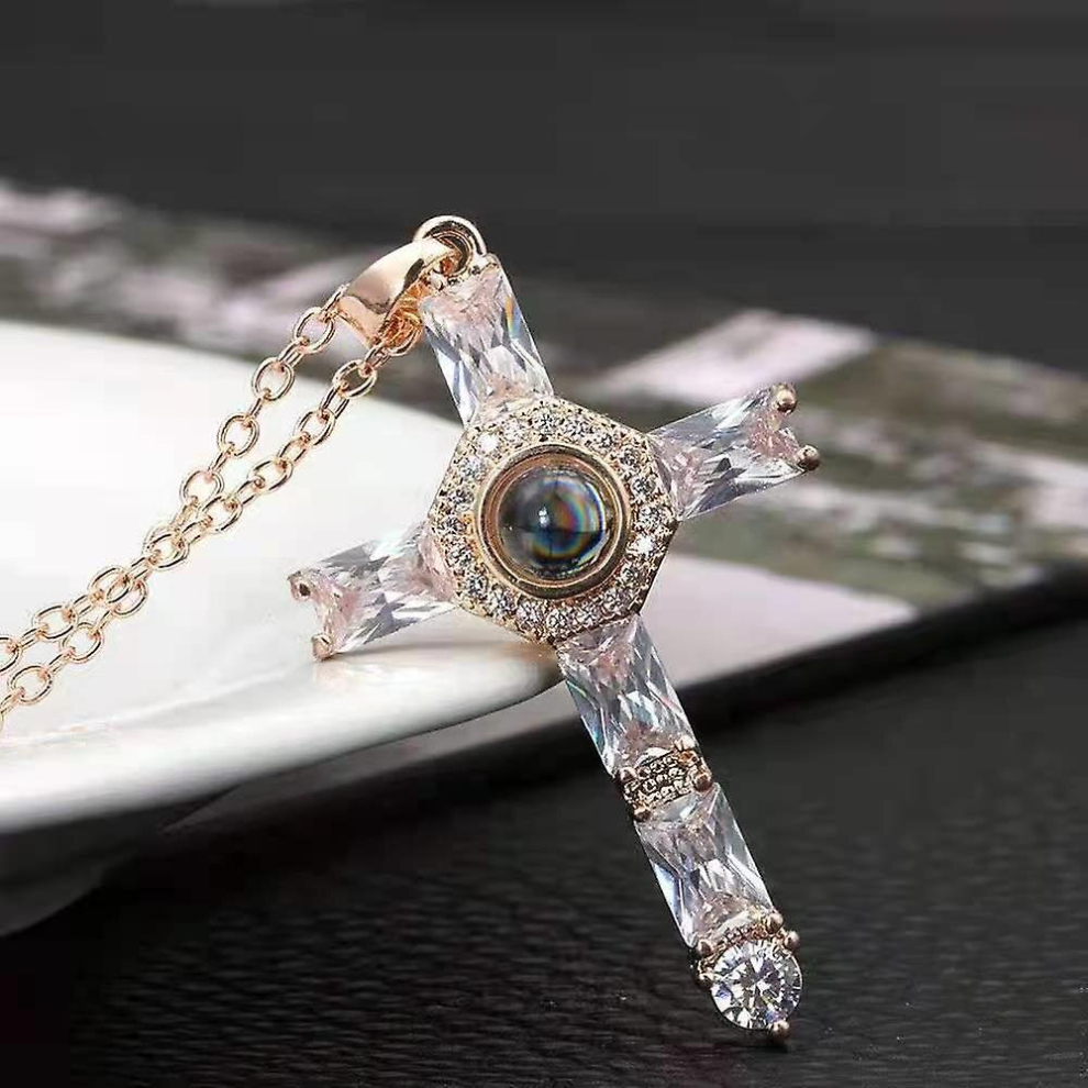 Unisex Crystal Cross Pendant Projection Necklace Chain Religious Jewelry Gift For Christians
