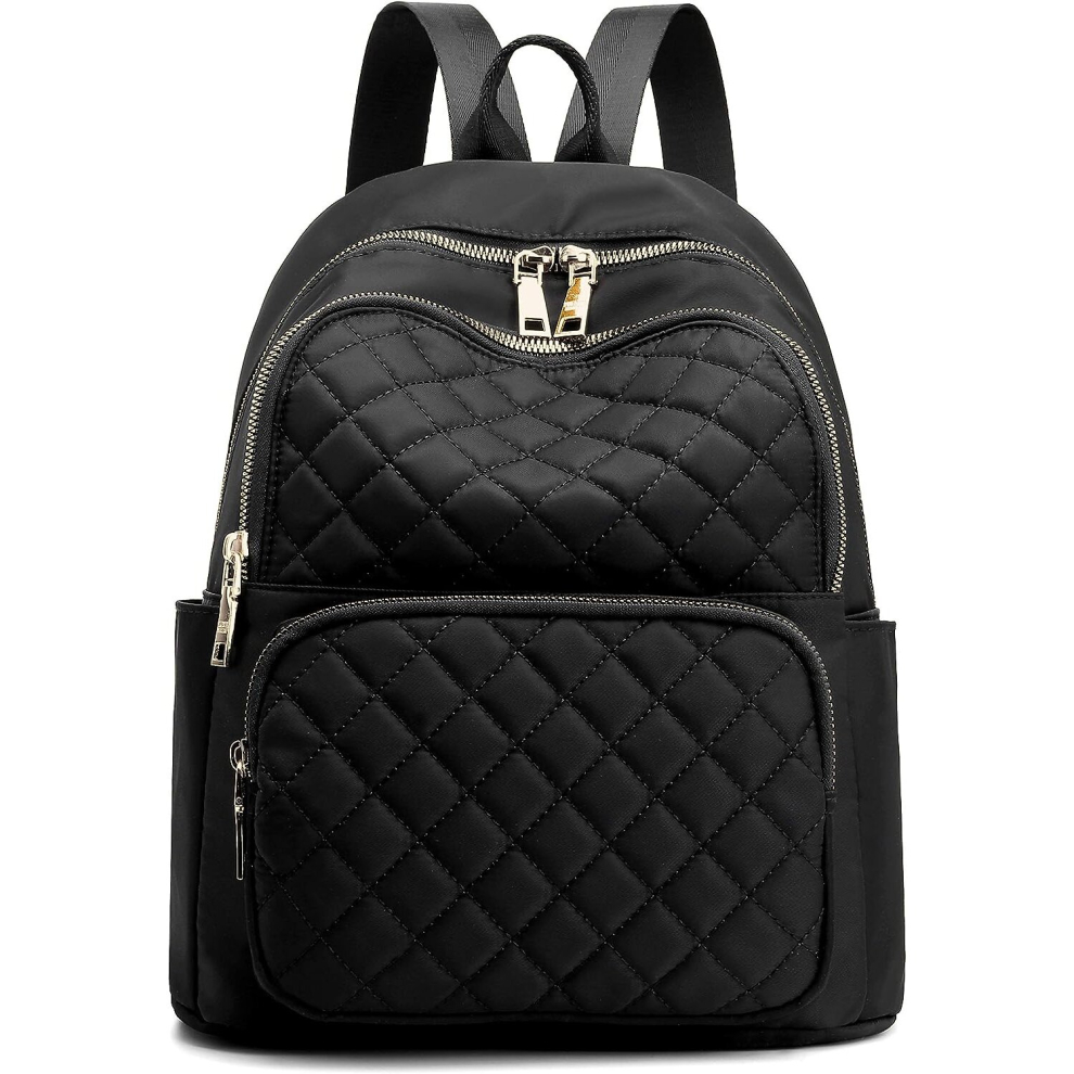 Backpack for Women, Nylon Travel Backpack Purse Black Shoulder Bag Small Casual Daypack for Girls (Black Quilted)