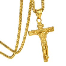 Stainless Steel Cross Necklace for Men Women, Gold Black Jesus Crucifix Christian Jewellery, Baptism Church Gift