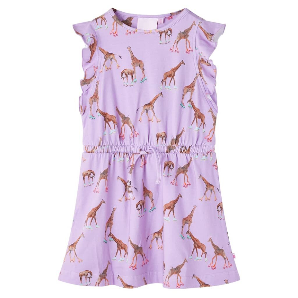 (128) Kids' Dress With Ruffle Sleeves And Drawstring Girl's Dress Giraffe Print Lila