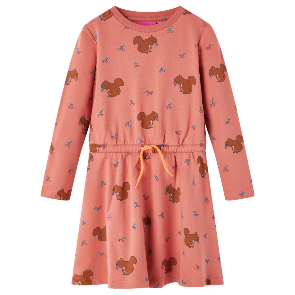 (116) Kids' Dress Long Sleeve Children Kids Girl's Dresses Squirrels Print Old Rose