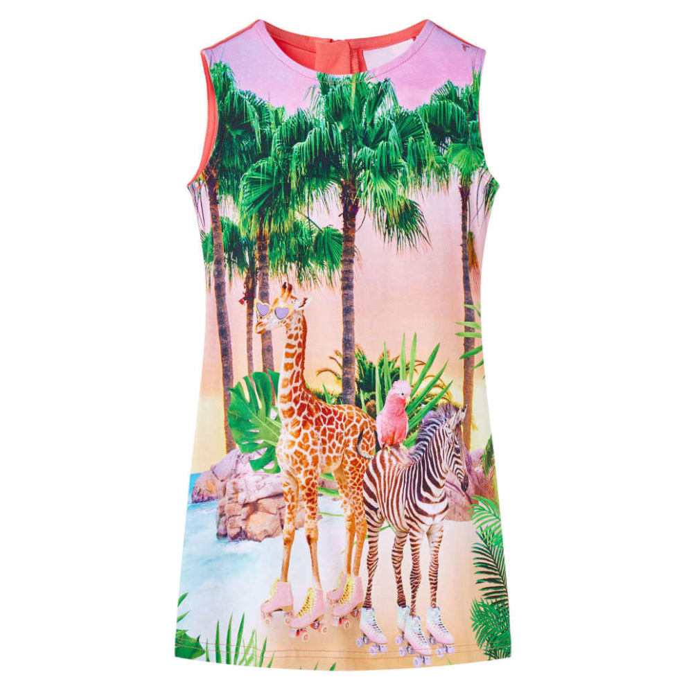 (140) Kids' Dress Sleeveless Girl's Dress Tropical Scenery and Animal Print Coral