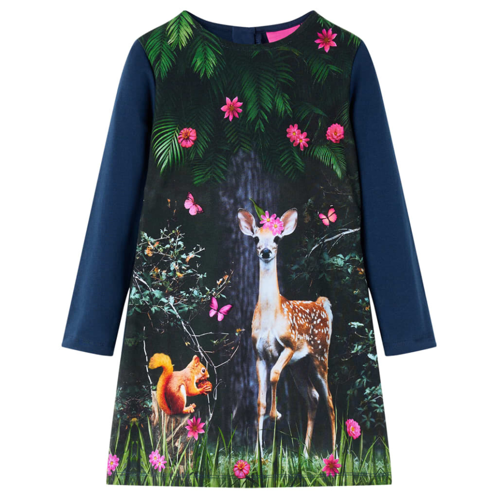 (116) Kids' Dress with Long Sleeves School Toddler Girls' Dress Deer Print Navy