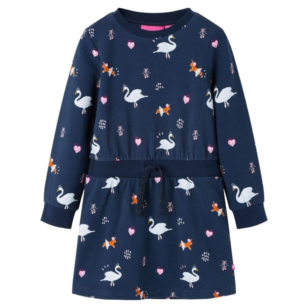 (140) Kids' Dress with Long Sleeves School Toddler Girls' Dress Swan Print Navy