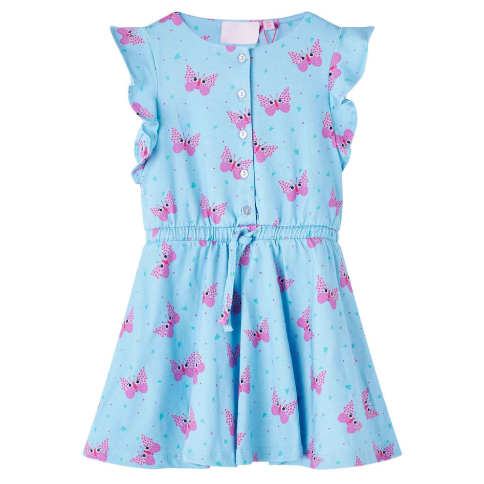 (104) Kids' Dress with Buttons Sleeveless School Girl's Dress Butterfly Print Blue