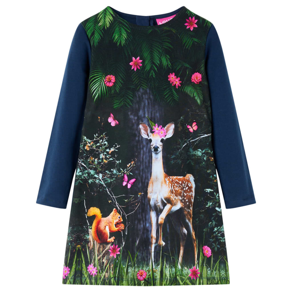 (104) Kids' Dress with Long Sleeves School Toddler Girls' Dress Deer Print Navy