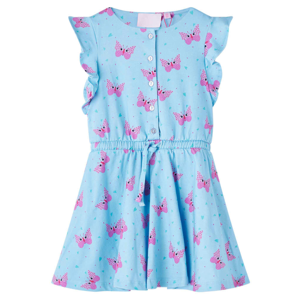 (128) Kids' Dress with Buttons Sleeveless School Girl's Dress Butterfly Print Blue