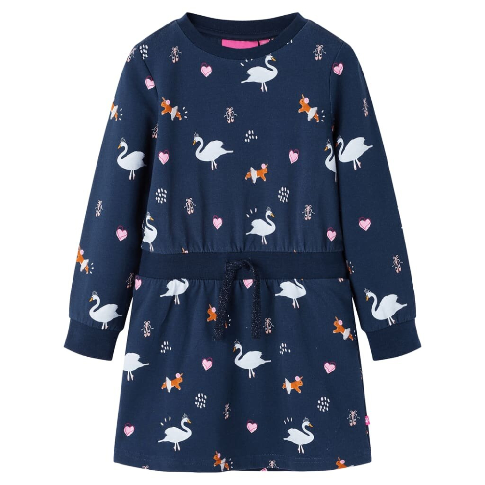 (104) Kids' Dress with Long Sleeves School Toddler Girls' Dress Swan Print Navy