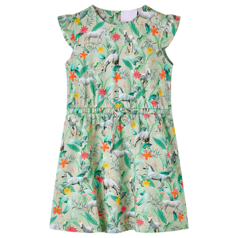 (104) Kids' Dress with Flying Sleeves School Unicorn and Plant Print Light Khaki