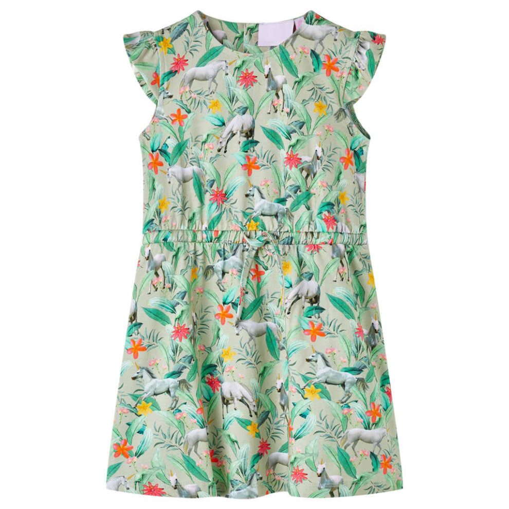 (116) Kids' Dress with Flying Sleeves School Unicorn and Plant Print Light Khaki