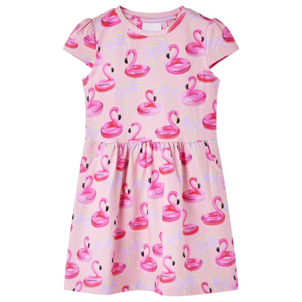 (140) Kids' Dress Short Sleeves School Dress Flamingo Swim Ring Print Light Pink