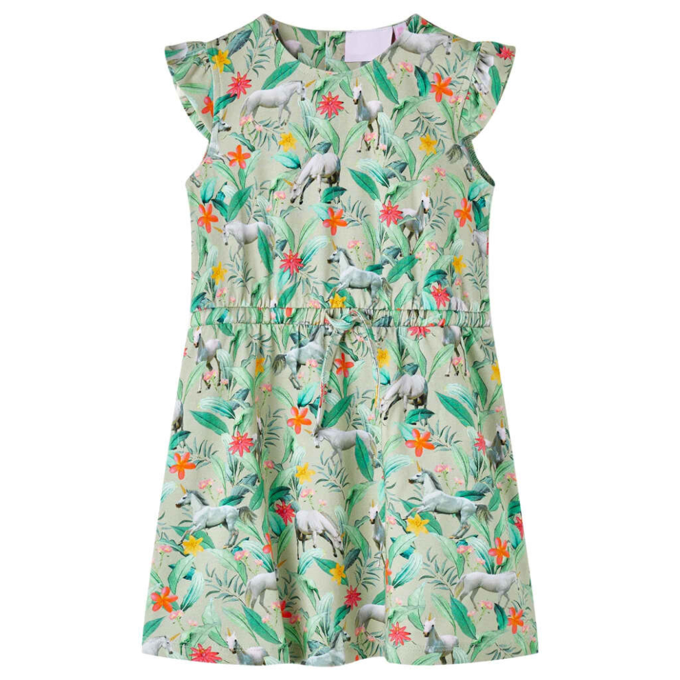 (140) Kids' Dress with Flying Sleeves School Unicorn and Plant Print Light Khaki