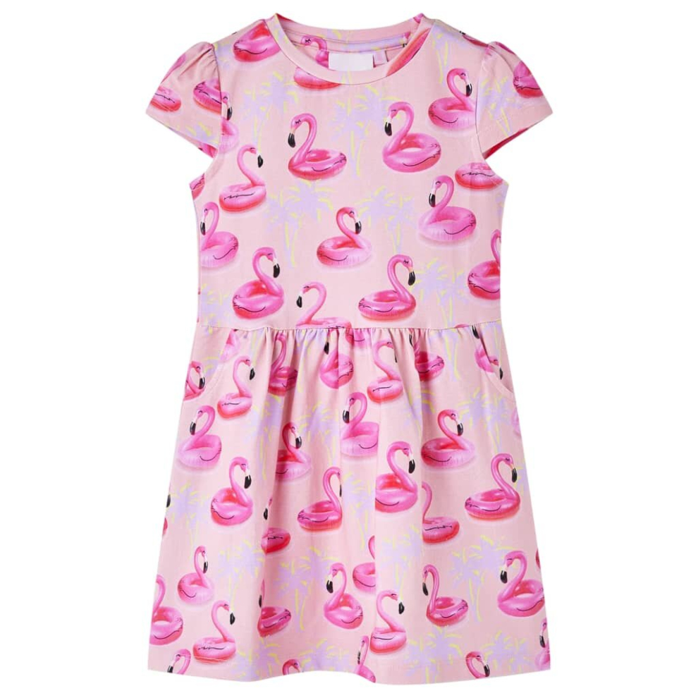 (128) Kids' Dress Short Sleeves School Dress Flamingo Swim Ring Print Light Pink