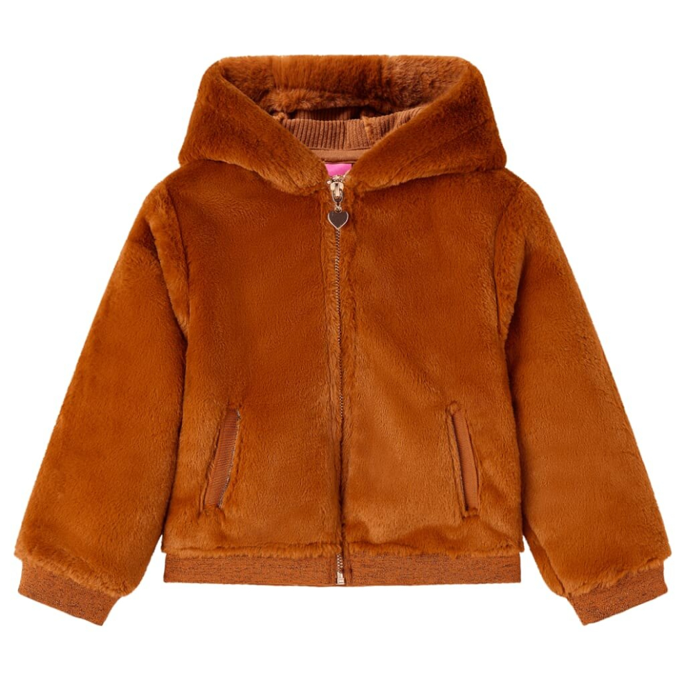Vidaxl (128) Kids' Hooded Jacket Children Full Zipper Kids Winter Coat Faux Fur Cognac