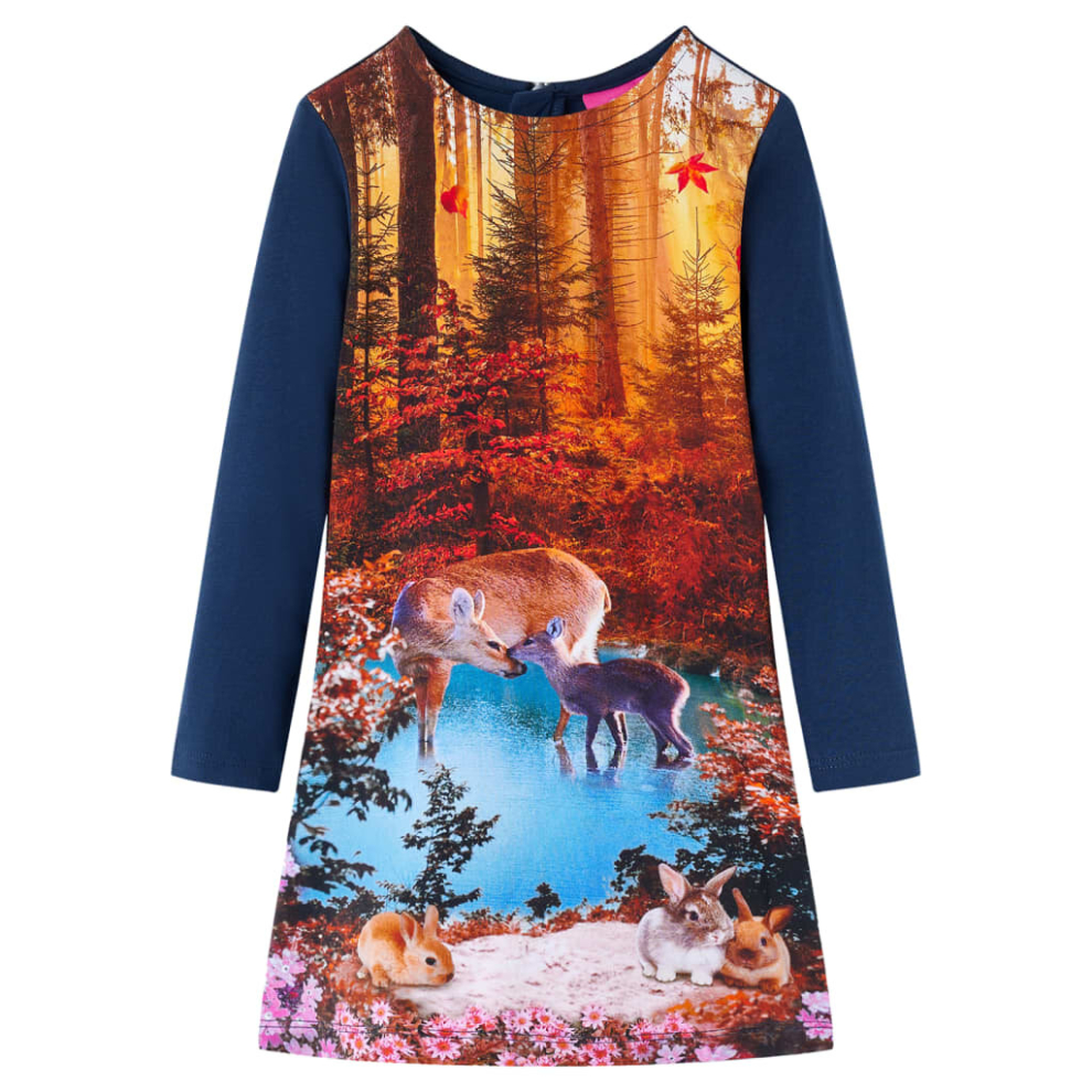 (navy, 140) Kids' Dress with Long Sleeves Toddler Children Kids Girl's Dress Deer Print