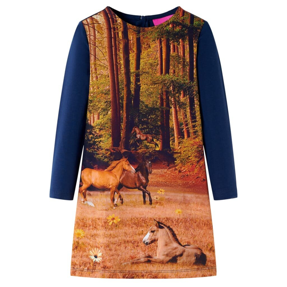 (navy, 128) Kids' Dress with Long Sleeves Toddler Children Kids Girl's Dress Horses Print