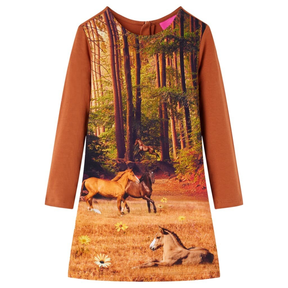 (cognac, 104) Kids' Dress with Long Sleeves Toddler Children Kids Girl's Dress Horses Print