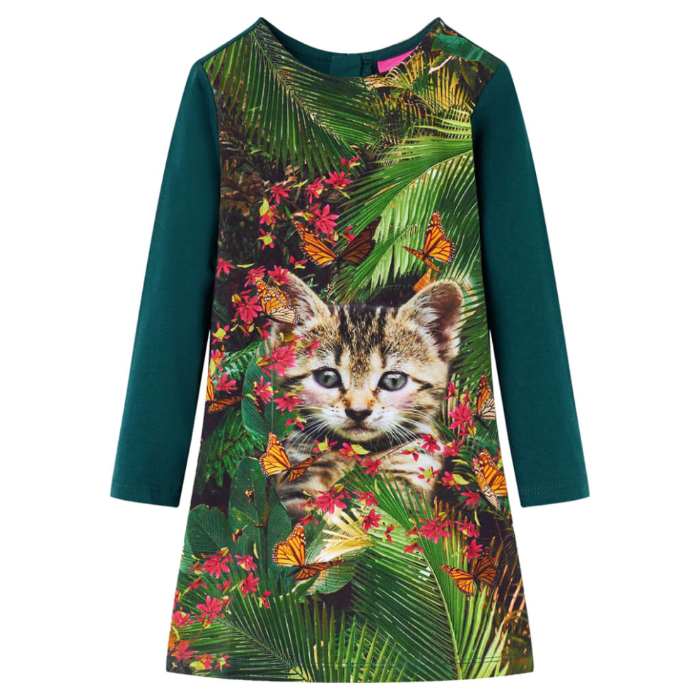 (dark green, 128) Kids' Dress with Long Sleeves Toddler Children School Girl's Dress Cat Print