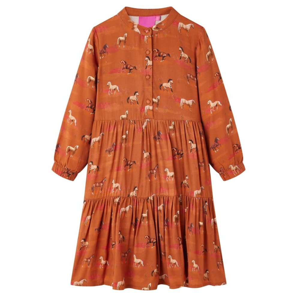 (92) Kids' Dress Children's Casual Dress School Girl's Dresses Horses Print Cognac