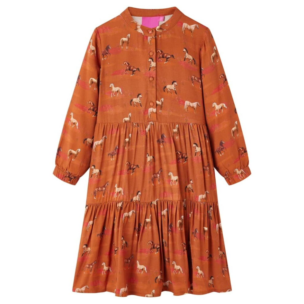 (104) Kids' Dress Children's Casual Dress School Girl's Dresses Horses Print Cognac