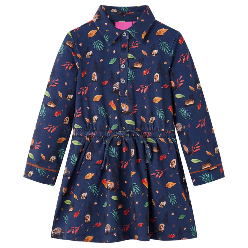 (104) Kids' Dress with Long Sleeves School Short Girls' Dress Leaves Print Navy