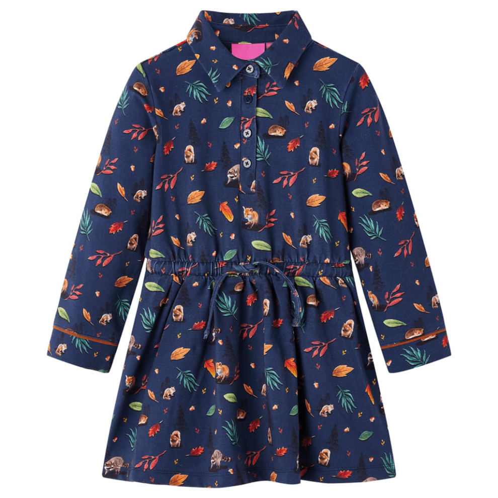 (116) Kids' Dress With Long Sleeves School Short Girls' Dress Leaves Print Navy