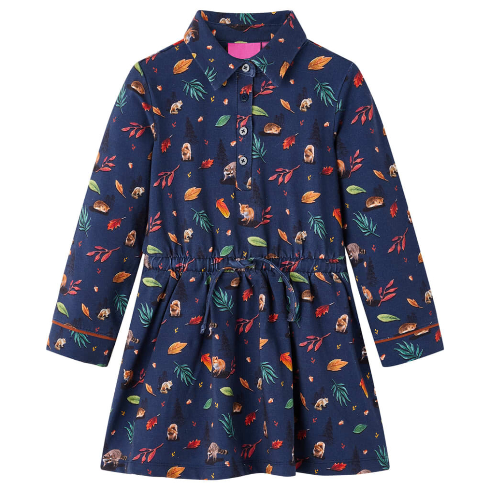 Vidaxl (128) Kids' Dress With Long Sleeves School Short Girls' Dress Leaves Print Navy Blue