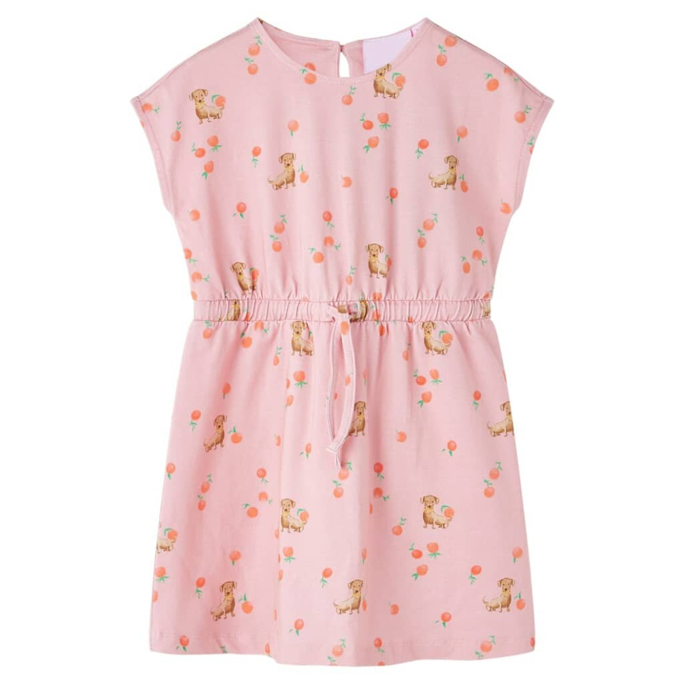 Vidaxl (116) Kids' Dress With Drawstring Girl's Dress Puppy And Fruit Print Light Orange