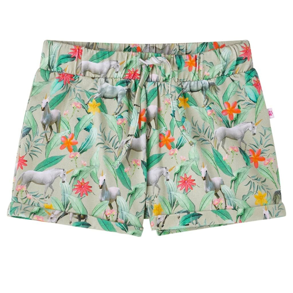Vidaxl (116) Kids' Shorts With Drawstring Toddler Pants Unicorn And Plant Print Khaki Light