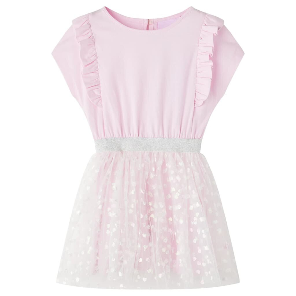 (128) Kids' Dress with Ruffles Sleeveless Girl's Dress Shiny Heart Print Light Pink