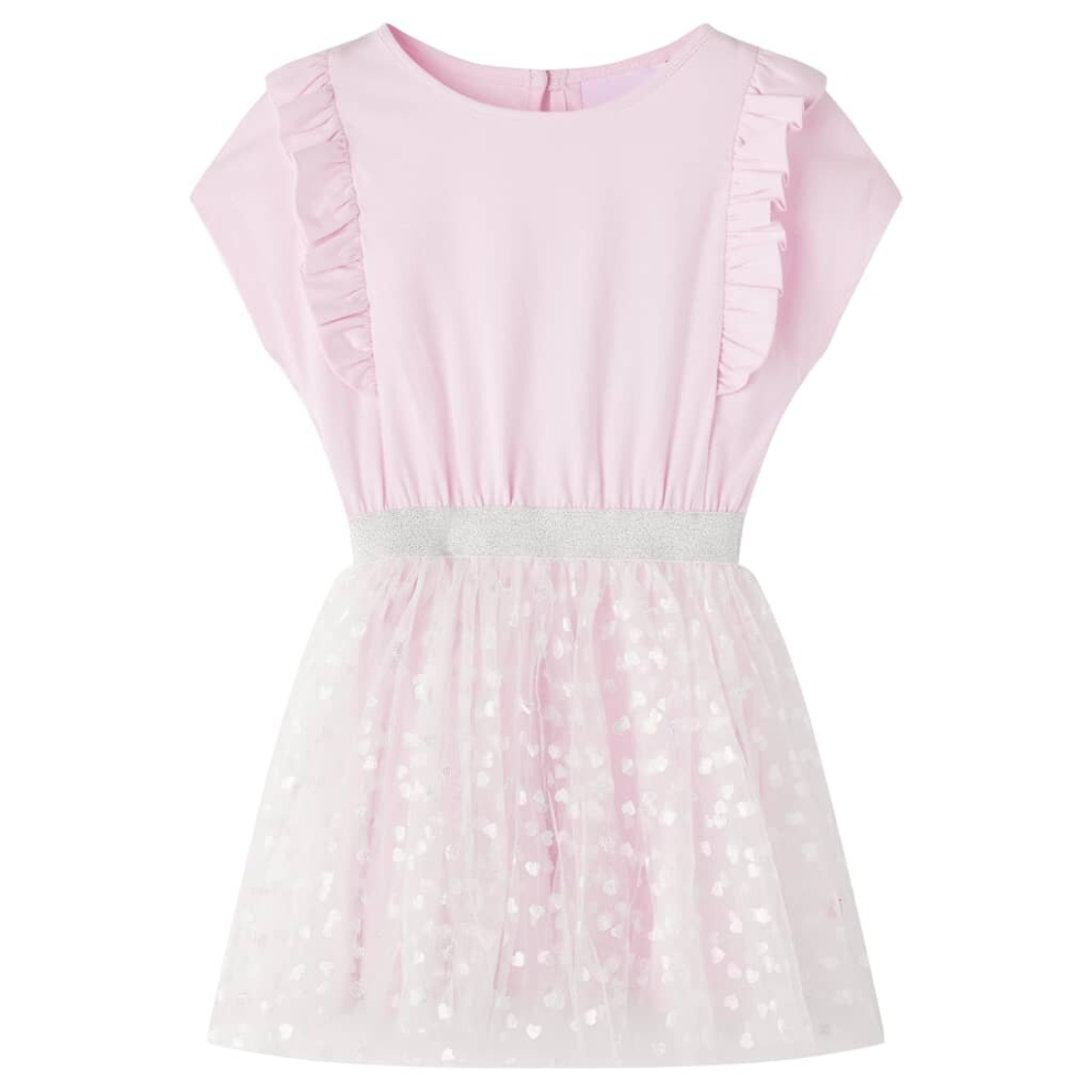 (116) Kids' Dress with Ruffles Sleeveless Girl's Dress Shiny Heart Print Light Pink