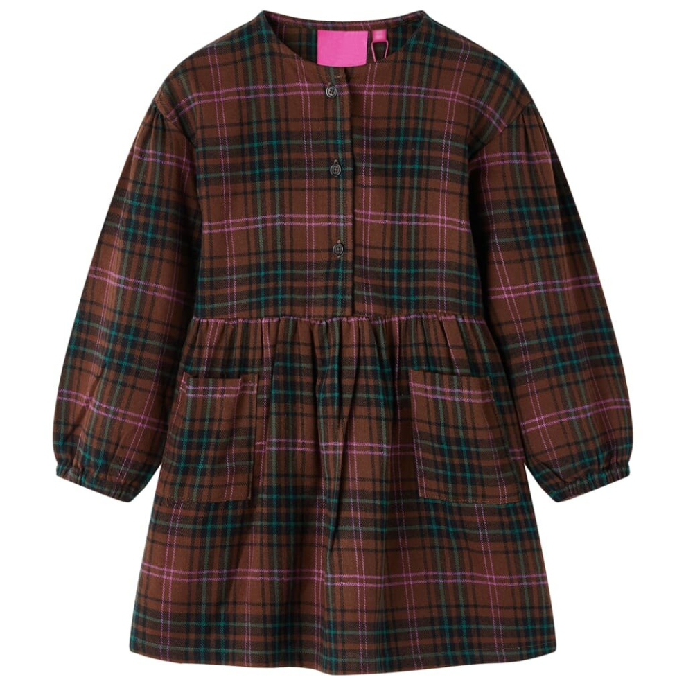 (104) Kids' Dress with Long Sleeves Children Kids Girl's Dress Plaid Pattern Cognac