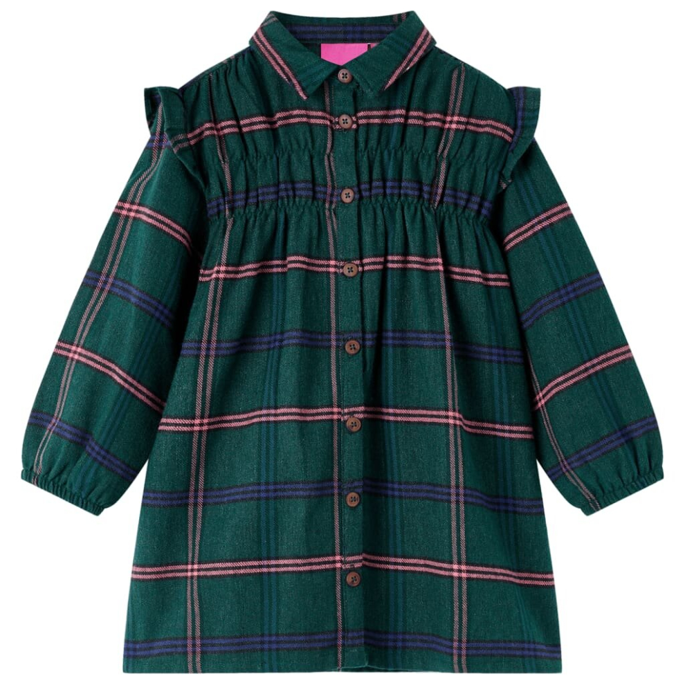 (92) Kids' Dress with Long Sleeves School and Ruffles Children Dress Dark Green