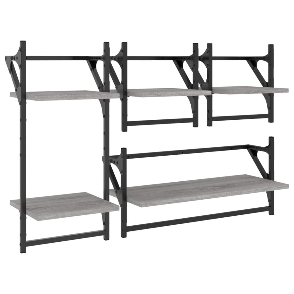 (grey sonoma) vidaXL Wall Shelf Set 4 Piece with Bars Wall Mounted Shelf Engineered Wood