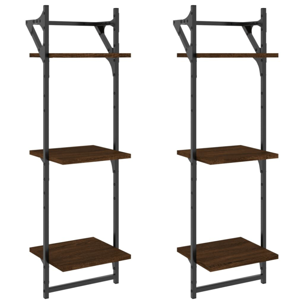 (brown oak, 30 x 25 x 100 cm) vidaXL 3-Tier Wall Shelves with Bars Wall Mounted Shelf Floating Shelf 2 pcs