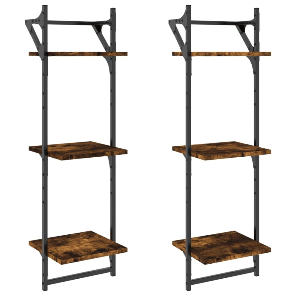 (smoked oak, 30 x 25 x 100 cm) vidaXL 3-Tier Wall Shelves with Bars Wall Mounted Shelf Floating Shelf 2 pcs