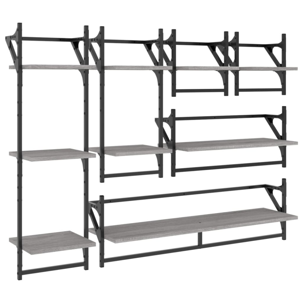 (grey sonoma) vidaXL Wall Shelf Set 6 Piece with Bars Wall Mounted Shelf Engineered Wood