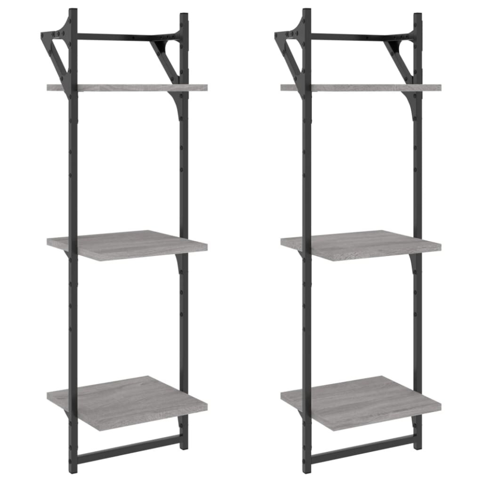 (grey sonoma, 30 X 25 X 100 cm) vidaXL 3-Tier Wall Shelves With Bars Wall Mounted Shelf Floating Shelf 2 Pcs