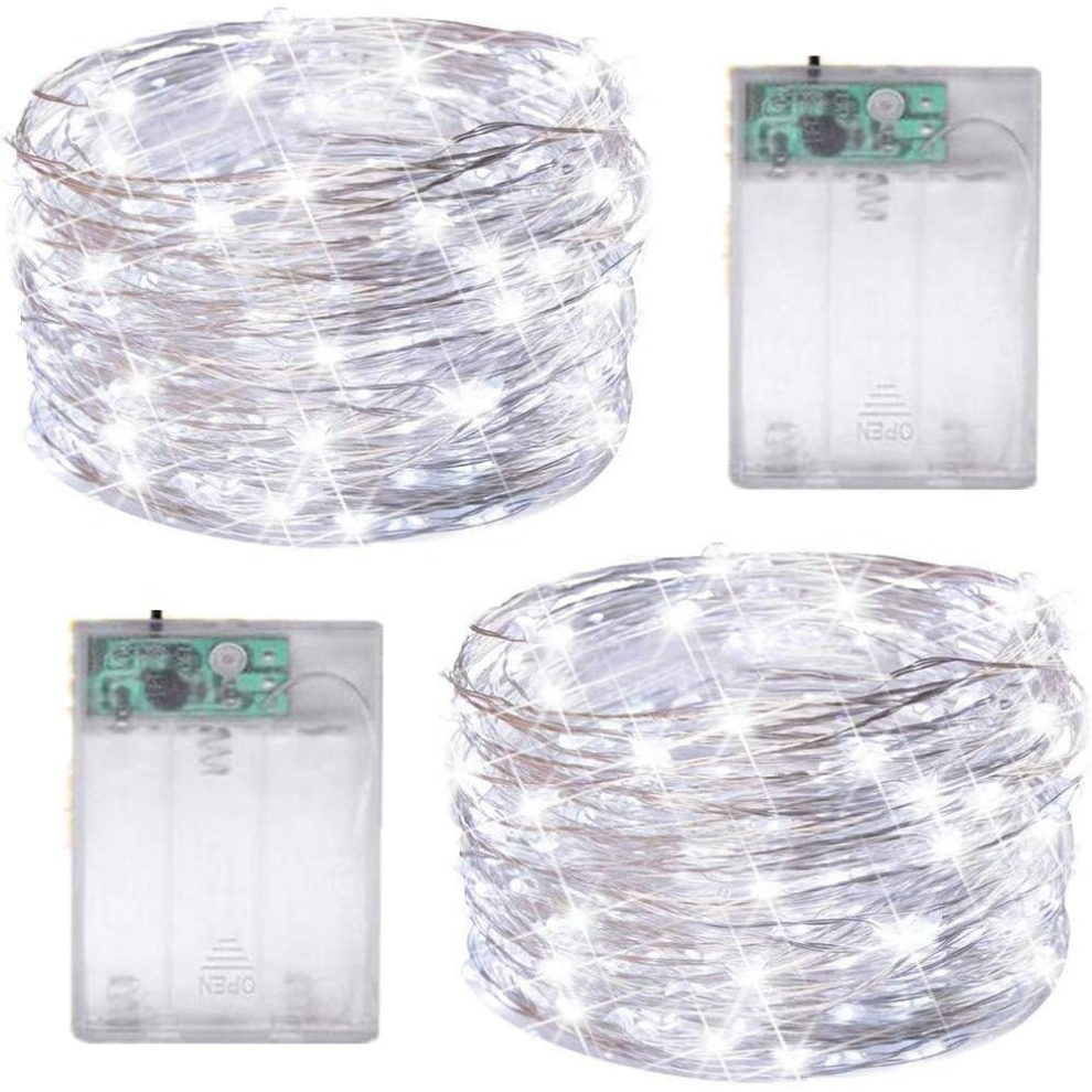 (20 LEDs, Silver Wire - White) 2 x Christmas LED Lights White Warm White Gold Silver Wire Battery Operated