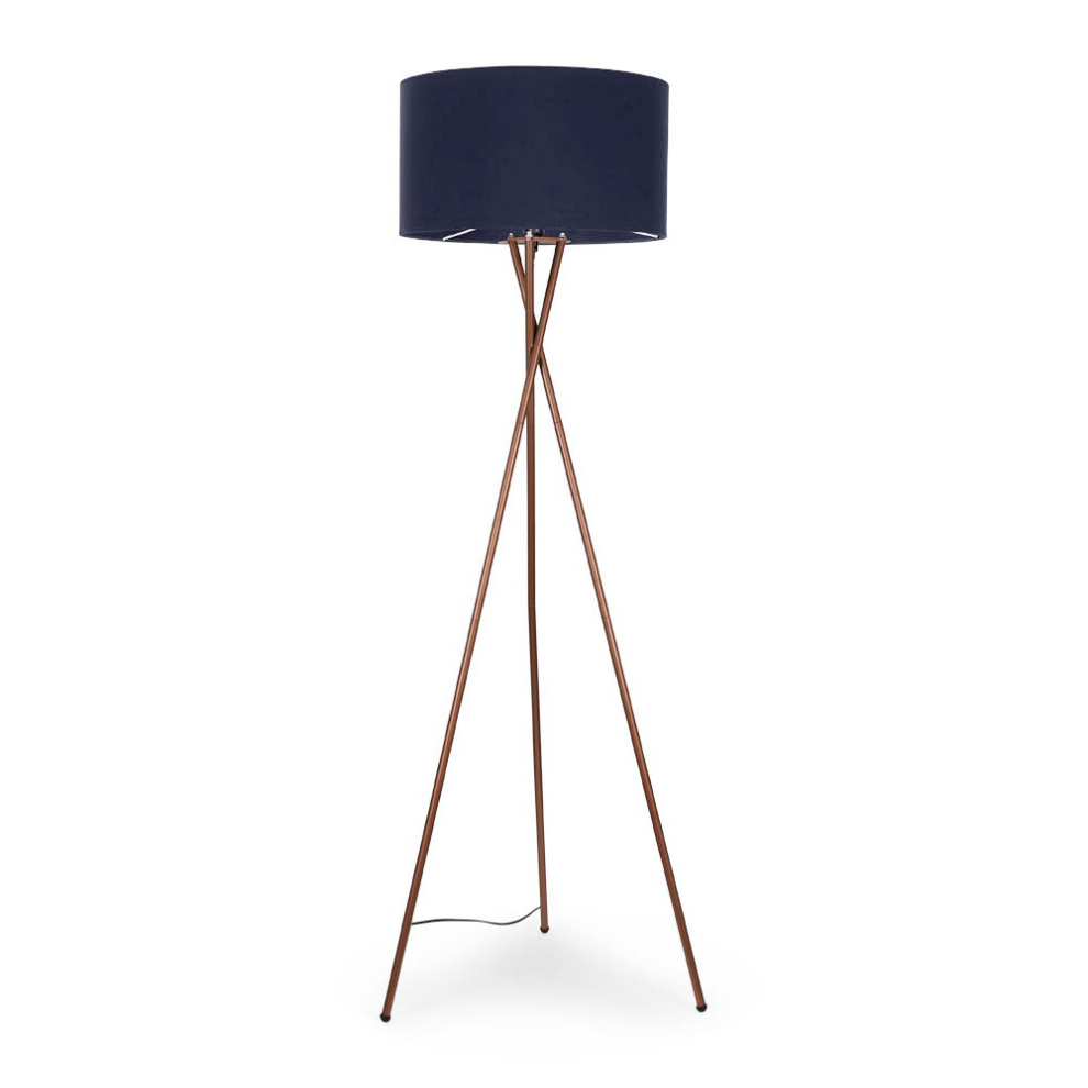 Modern Copper Metal Tripod Floor Lamp with a Navy Blue Cylinder Shade - Complete with a 6w LED Bulb [3000K Warm White]