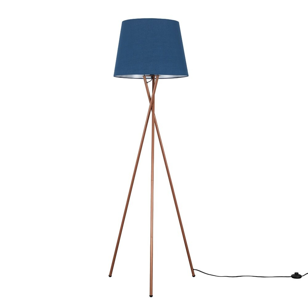 Modern Copper Metal Tripod Floor Lamp with a Navy Blue Tapered Shade - Complete with a 6w LED Bulb [3000K Warm White]