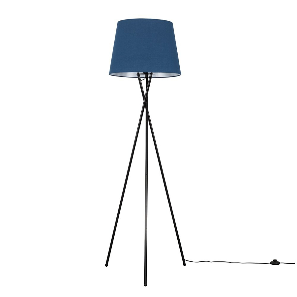 Modern Gloss Black Metal Tripod Floor Lamp with a Navy Blue Tapered Shade - Complete with a 6w LED Bulb [3000K Warm White]