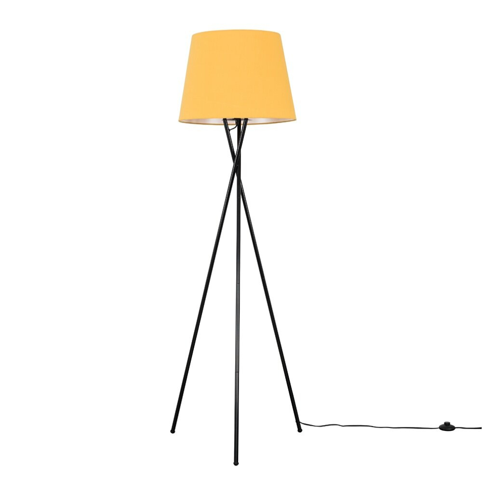 Modern Gloss Black Metal Tripod Floor Lamp with a Mustard Tapered Shade - Complete with a 6w LED Bulb [3000K Warm White]