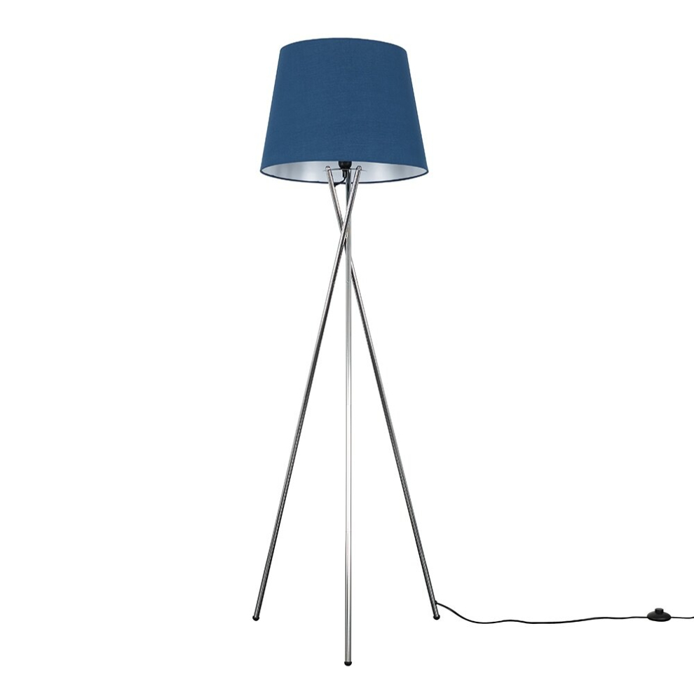 Modern Polished Chrome Metal Tripod Floor Lamp with a Navy Blue Tapered Shade - Complete with a 6w LED Bulb [3000K Warm White]