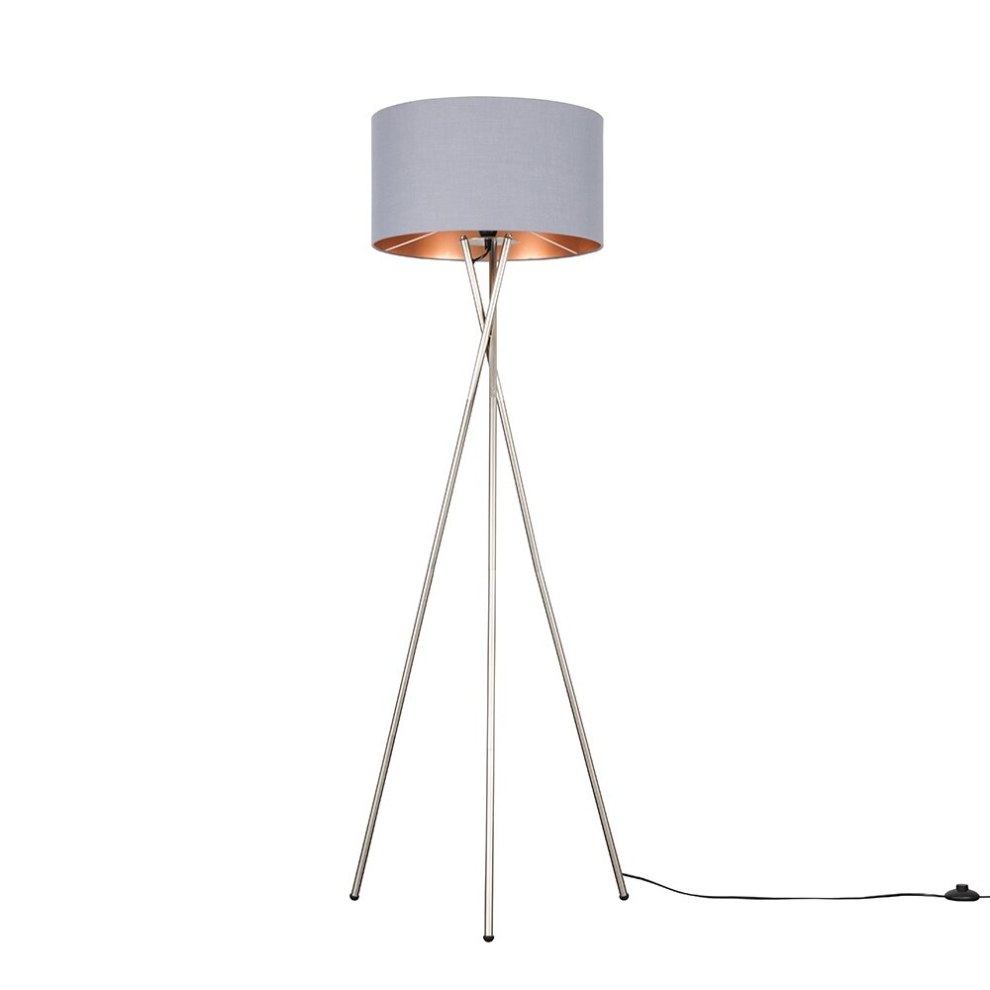 Modern Brushed Chrome Metal Tripod Floor Lamp with a Grey & Copper Cylinder Shade - Complete with a 6w LED Bulb [3000K Warm White]