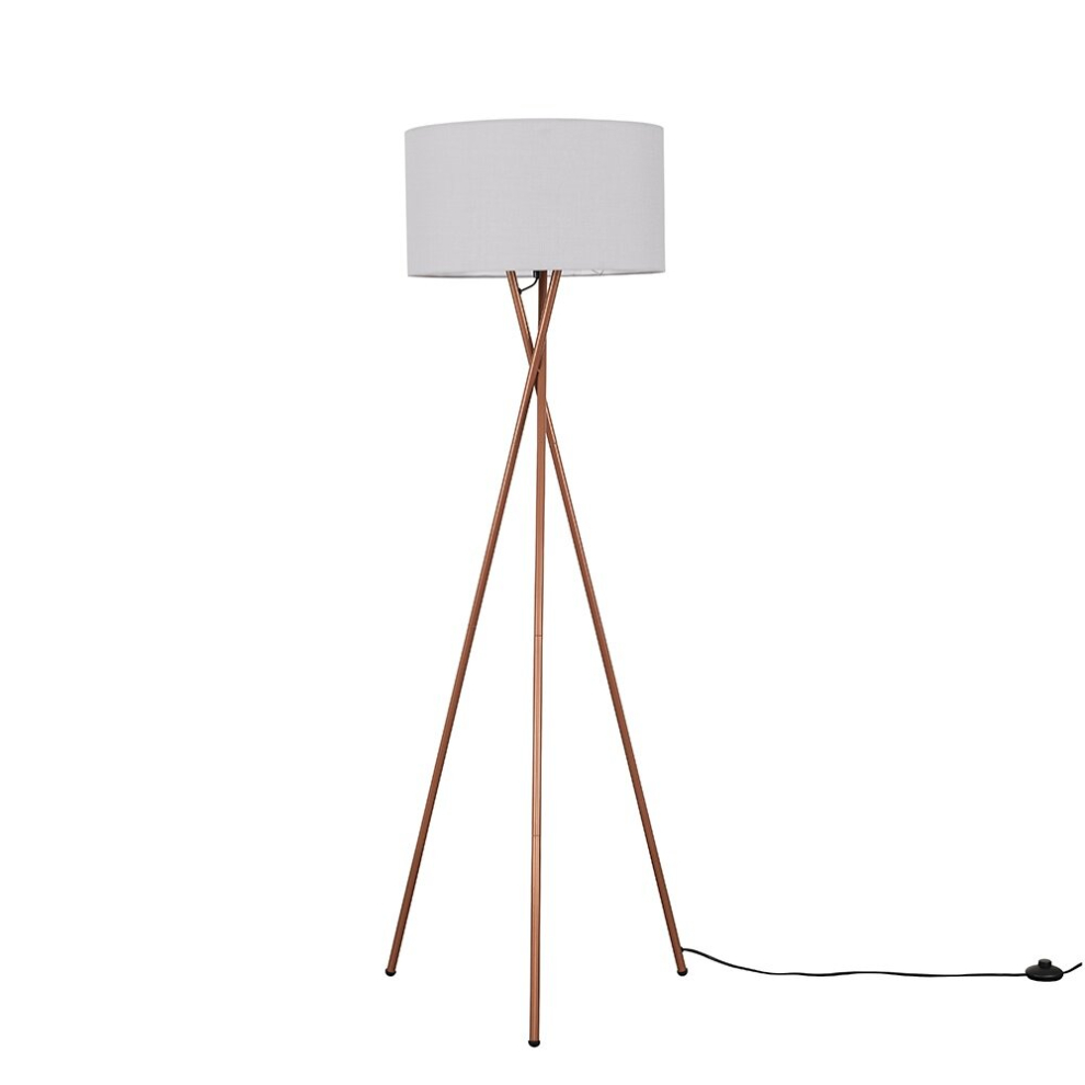 Modern Copper Metal Tripod Floor Lamp with a Pale Grey Cylinder Shade